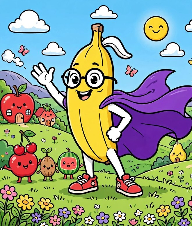 Banana-Man — a smiling banana superhero with round glasses, a flowing purple cape and red sneakers, waving hello in Fruitville