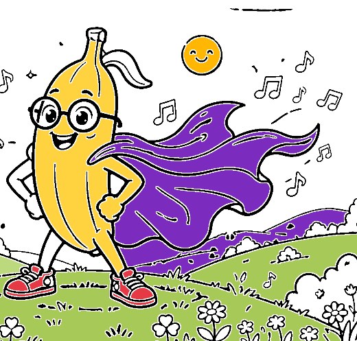 Banana-Man singing and dancing in a field of flowers while music notes float by