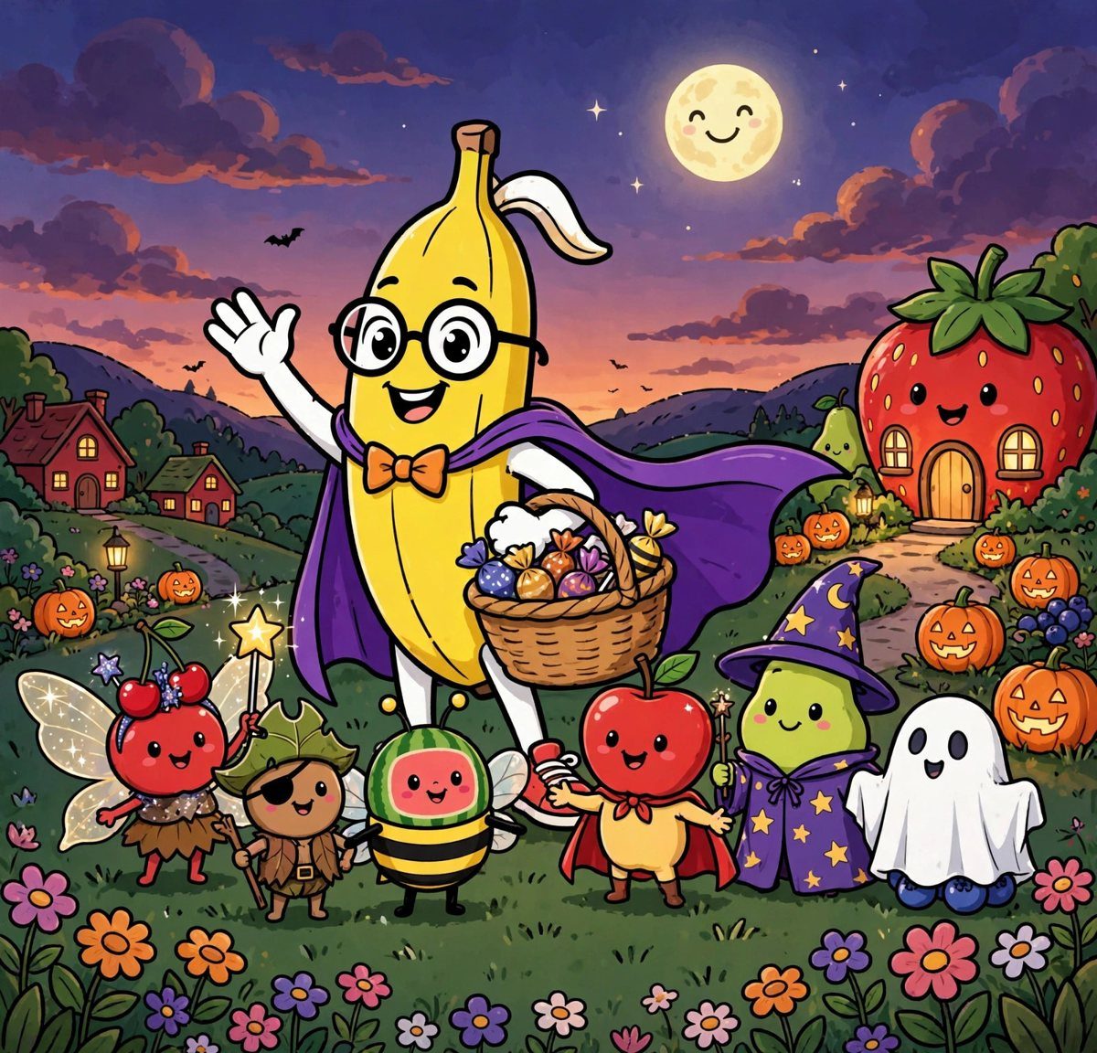 Banana-Man in his purple cape and orange bow tie, holding a big basket of treats, with all his friends in Halloween costumes by the strawberry house under a smiling full moon